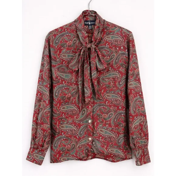 Ralph Lauren Paisley Tie Neck Blouse Red Vintage Silk Feel Top Size 6 - Picture 2 of 7
